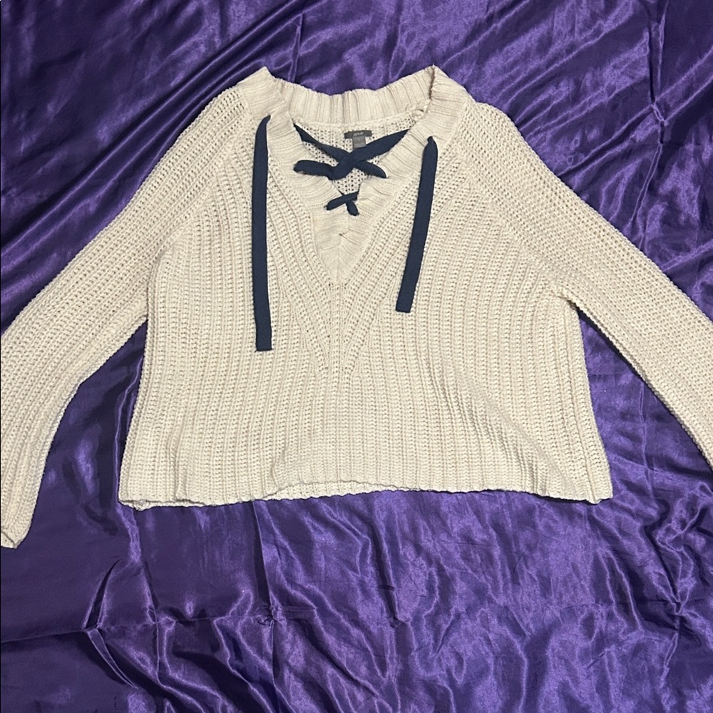 aerie Cream Knit Sweater with Navy Lace Detail